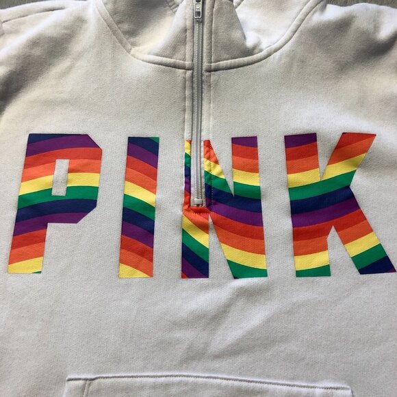 PINK Victoris'a Secret White Quarter Zip Pullover Rainbow Logo Size XL - Picture 3 of 10